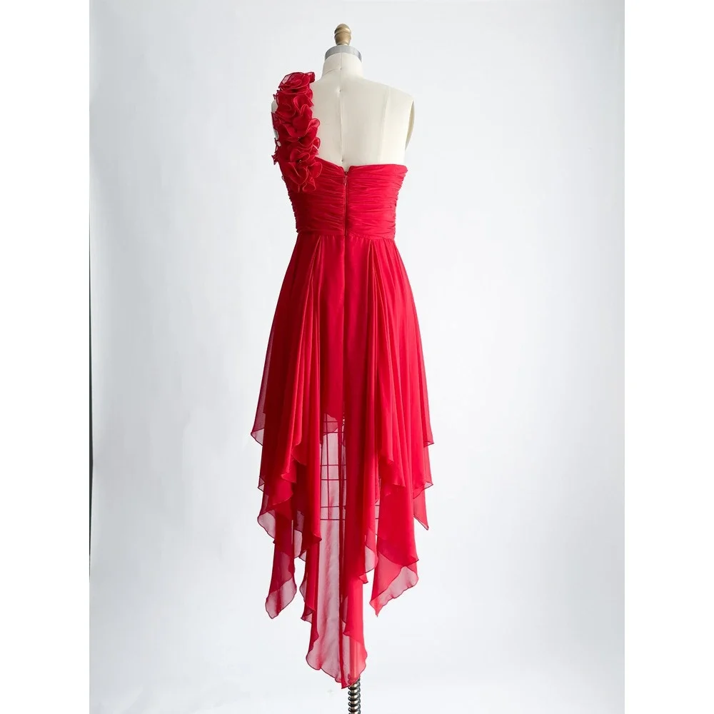 Bee Darlin Dress One Shoulder 3D Floral High Low Red Chiffon Prom Party Vintage